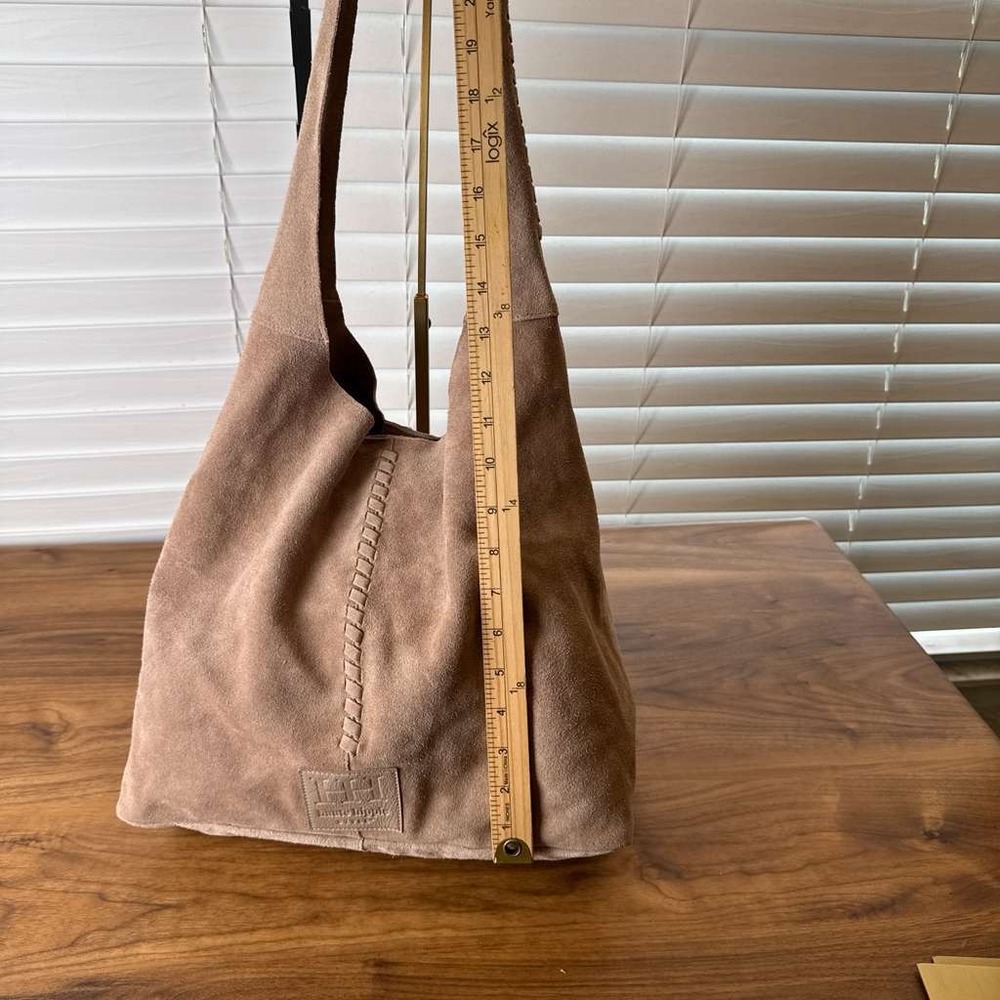 Haute Hippie Tan Suede Boho Slouchy Hobo Shoulder Bag Handbag Whipstitch Detail - Picture 6 of 16